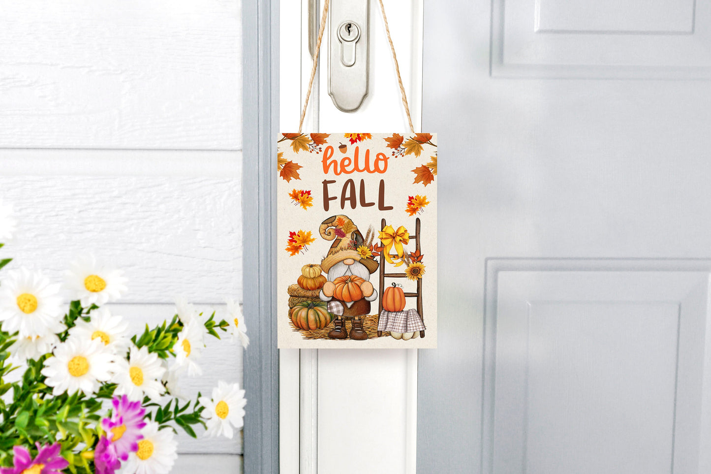 New Release Fall Decor, Fall Sign, Hello Fall Gnome and Ladder Farmhouse Decor Printed Handmade Wood Sign Door Hanger Sign