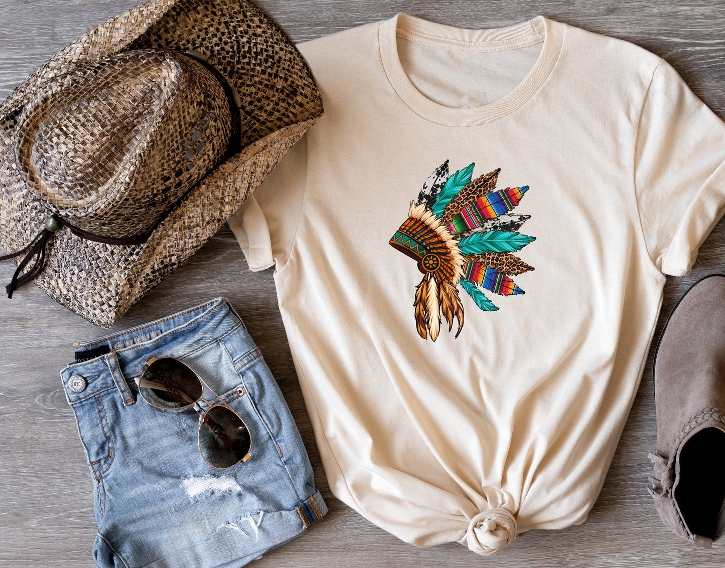 Native American Feather Head Dress T Shirt, Tshirt, Graphic T's  100% Cotton Tee, Motivational, Western