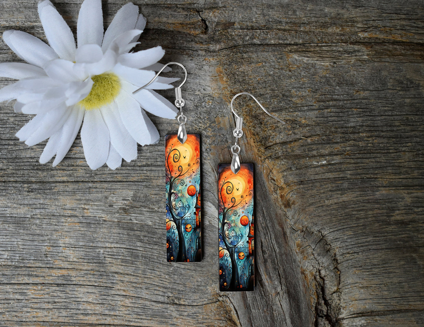 New Release Earrings, Blue Halloween Bar Dangle Printed Earrings Jewelry Handmade