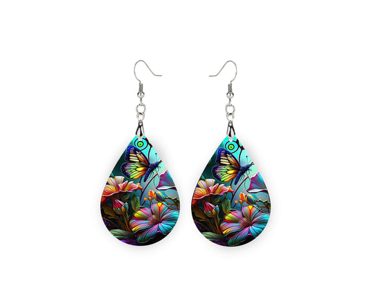 Butterfly and Flowers Tear Drop Dangle Printed Earrings Jewelry Handmade