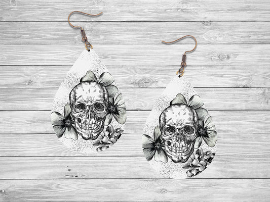 Black and White Skull Print Tear Drop Wood Dangle Earrings Hypoallergenic Jewelry