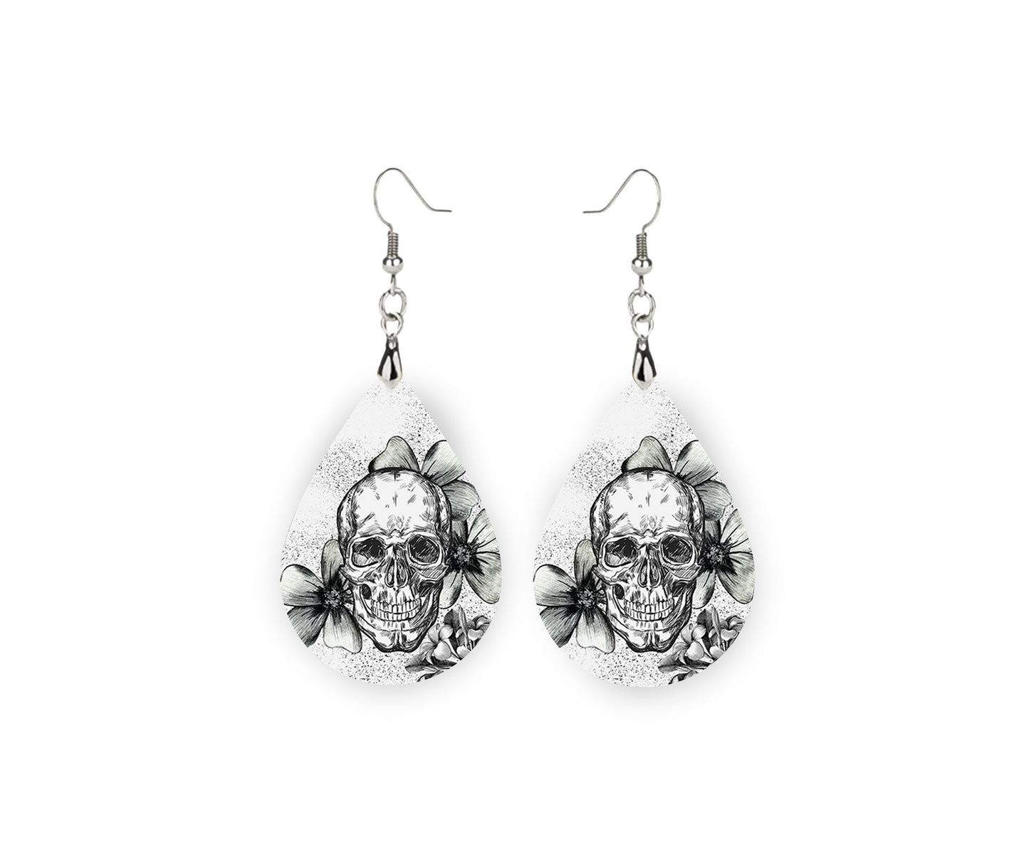 Black and White Skull Print Tear Drop Wood Dangle Earrings Hypoallergenic Jewelry