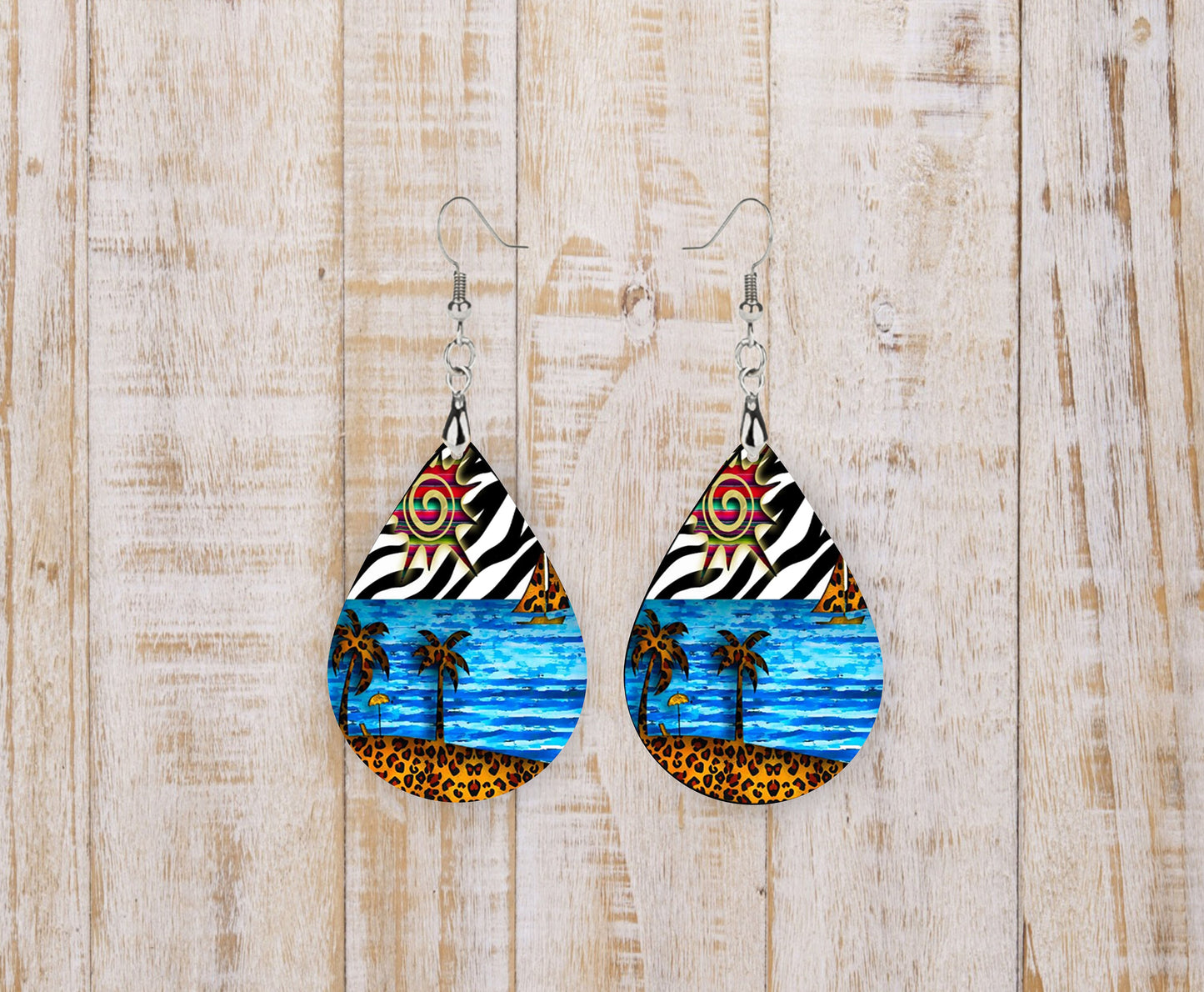 Animal Print Beach Scene Print Tear Drop Wood Dangle Earrings Hypoallergenic Jewelry