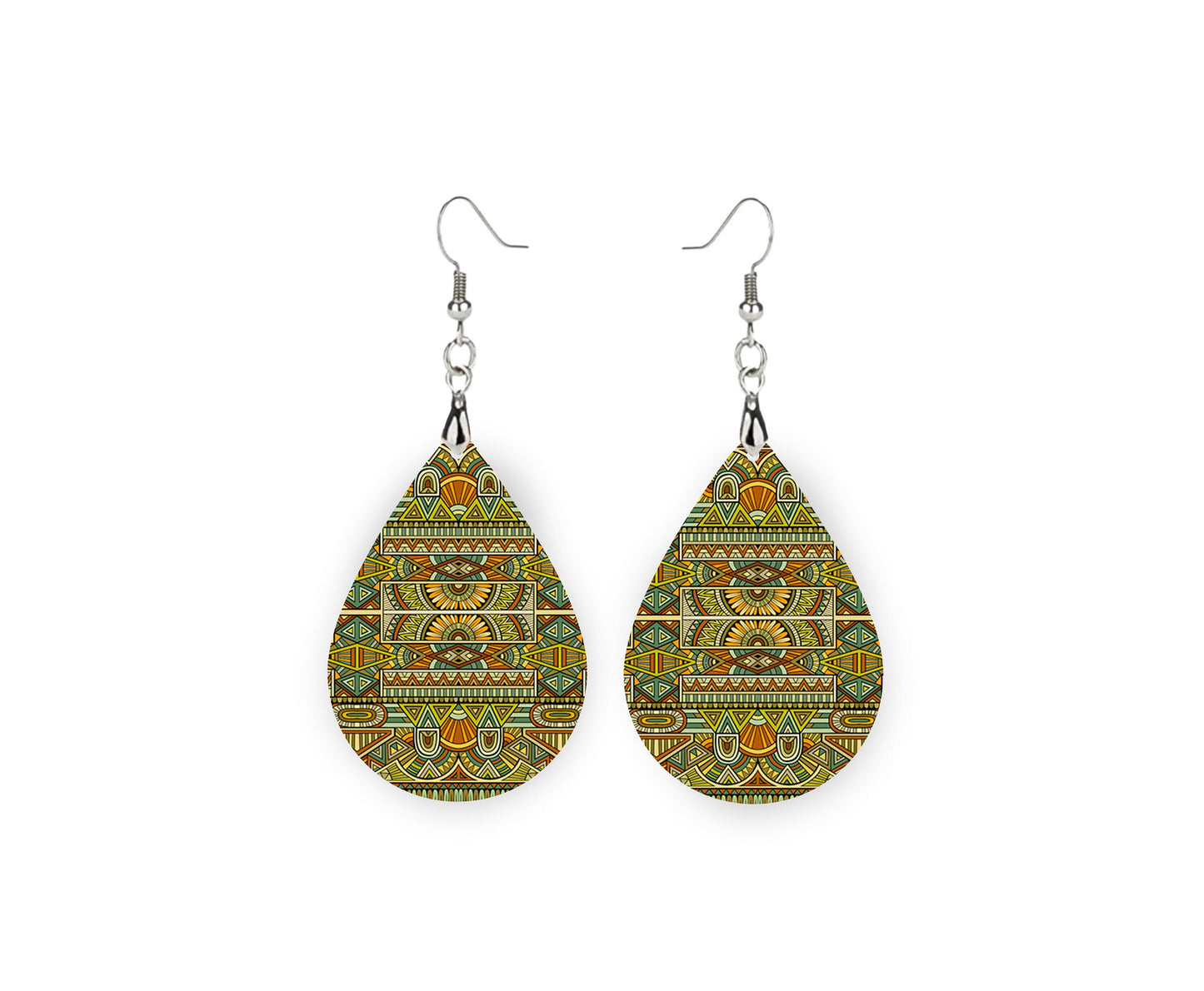 Art Deco Geometric Print Tear Drop Wood Dangle Earrings Hypoallergenic Jewelry