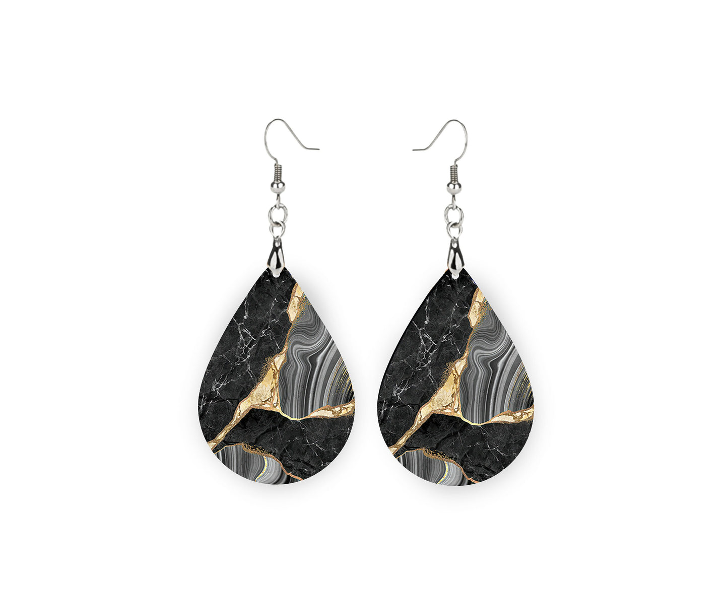 Black and Gray Swirl Print Tear Drop Wood Dangle Earrings Hypoallergenic Jewelry