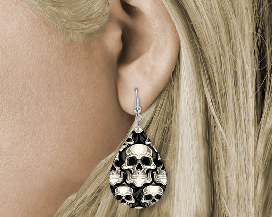 Black and White Skulls Print Tear Drop Wood Dangle Earrings Hypoallergenic Jewelry