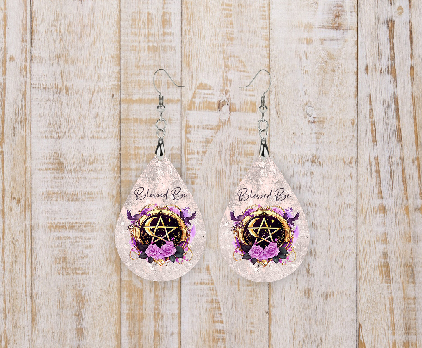 Blessed Be Pentagram Print Tear Drop Wood Dangle Earrings Hypoallergenic Jewelry