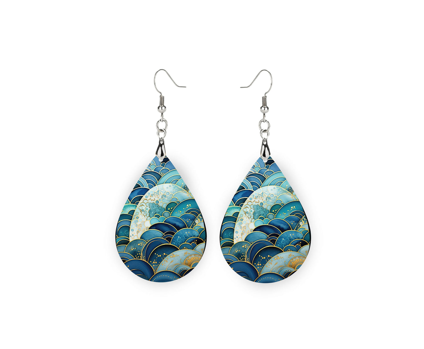 Blue Clouds Swirl Print Tear Drop Wood Dangle Earrings Hypoallergenic Jewelry