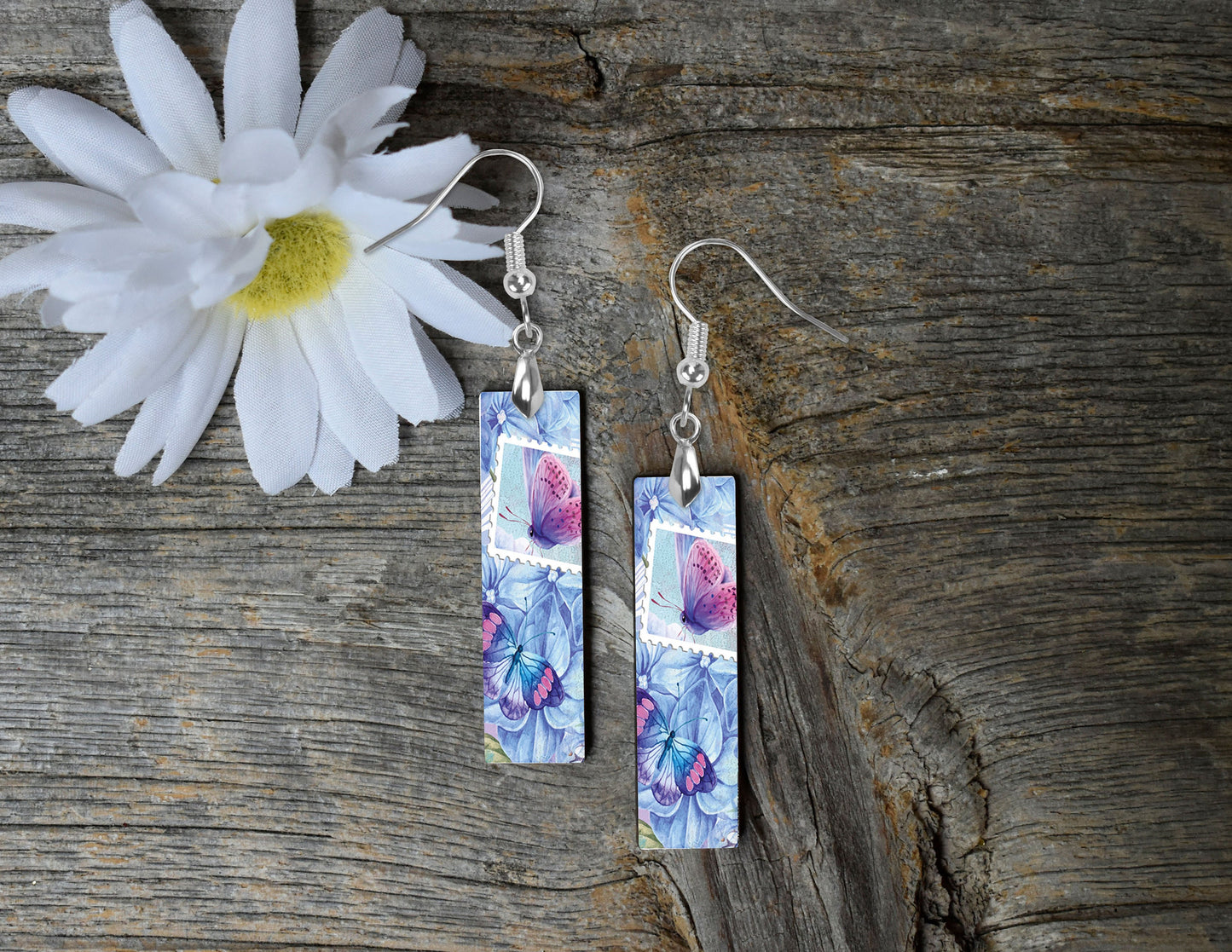 Butterfly Garden Bar Dangle Printed Earrings Jewelry Handmade