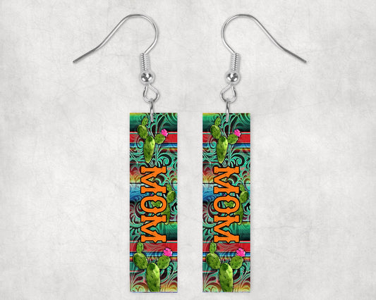 Cactus Mom Print Western Printed Wood Dangle Earrings Hypoallergenic Jewelry Handmade