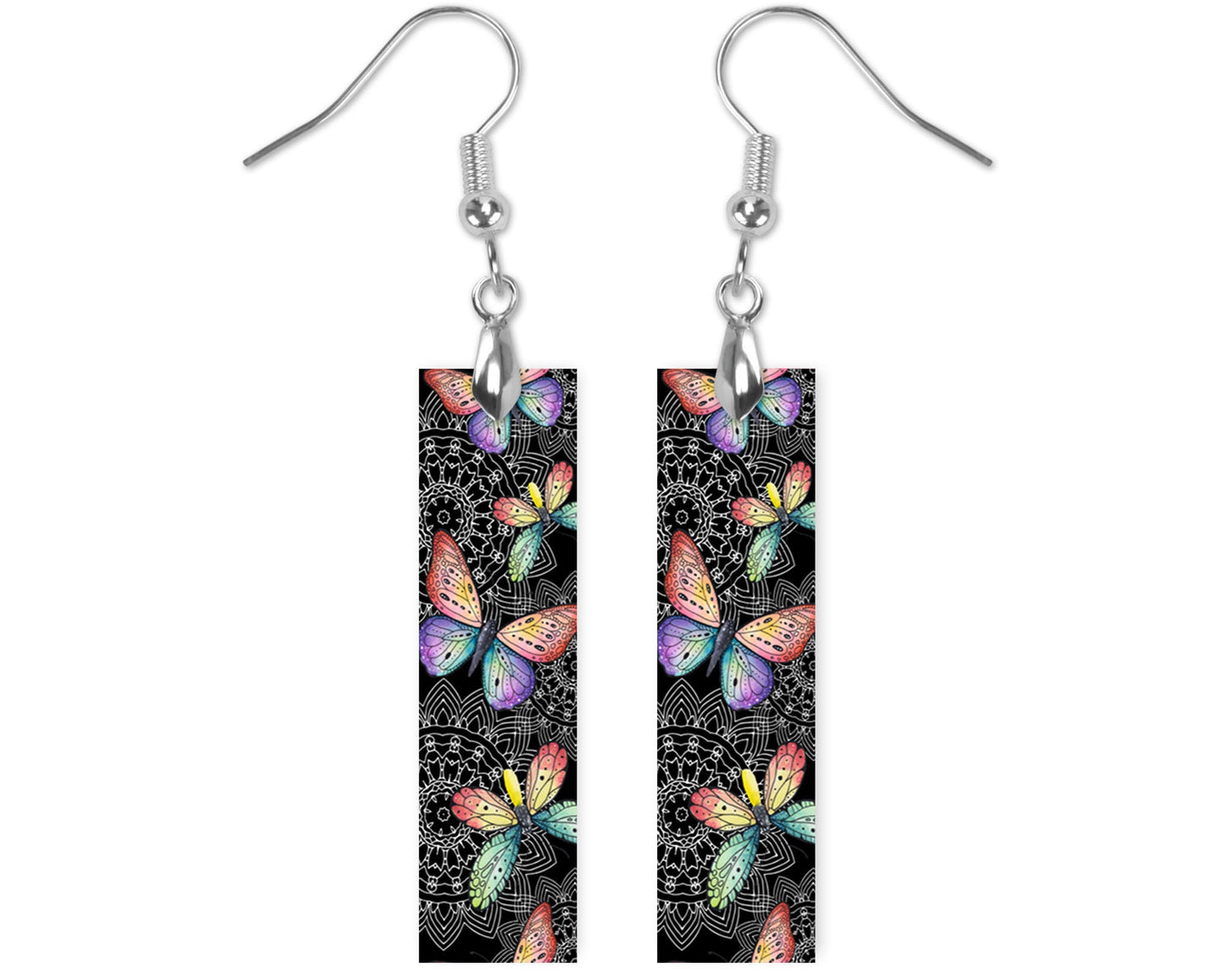 Butterflies on Black Print Western Printed Wood Dangle Earrings Hypoallergenic Jewelry Handmade