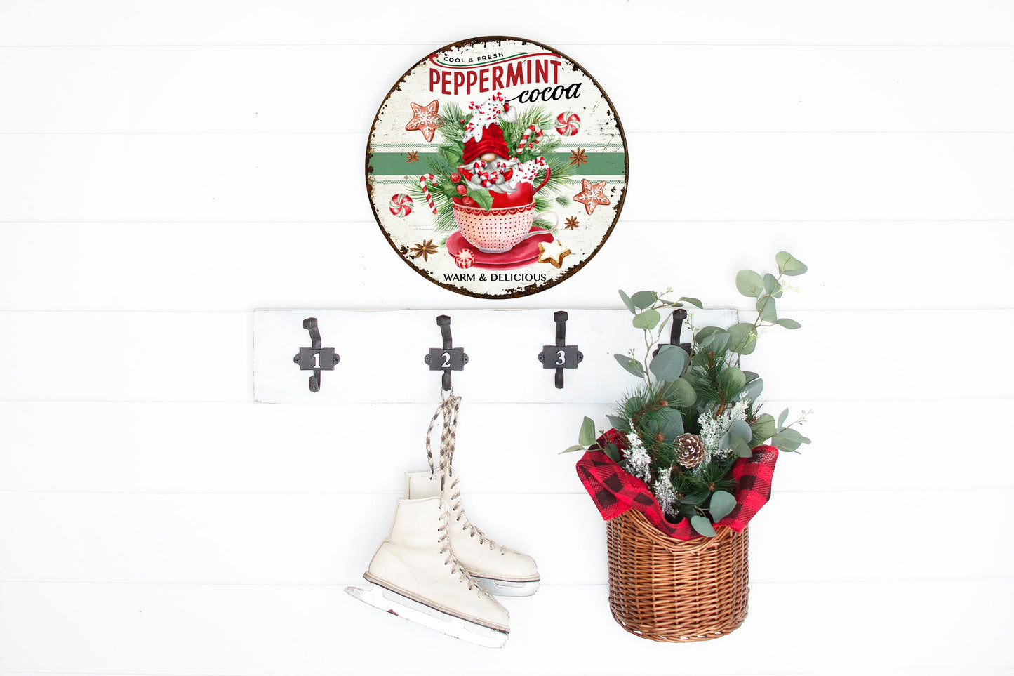 New Release Peppermint Cocoa Christmas Round Printed Handmade Wood Sign Farmhouse Door Hanger Wreath Sign