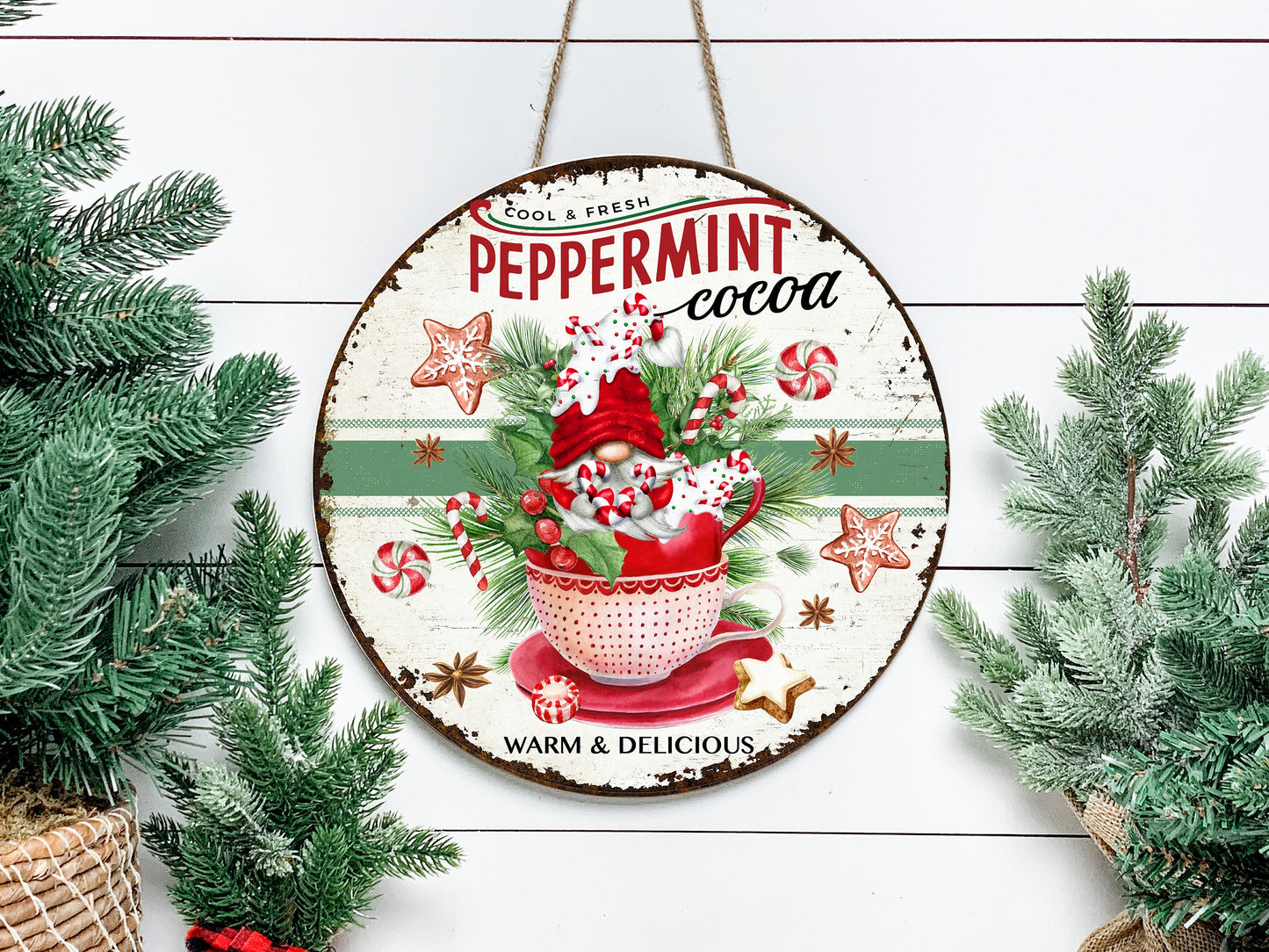 New Release Peppermint Cocoa Christmas Round Printed Handmade Wood Sign Farmhouse Door Hanger Wreath Sign