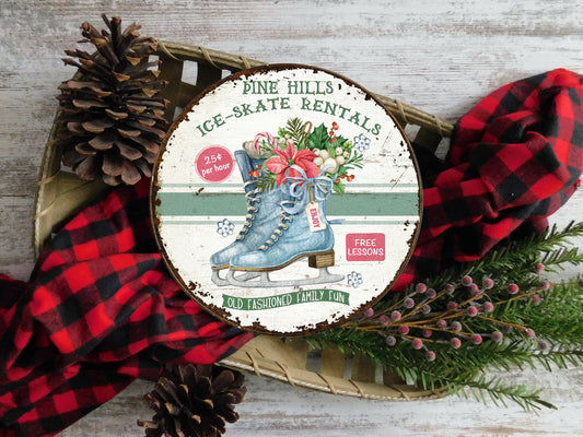 New Release Pine Hills Ice Skating Christmas Round Printed Handmade Wood Sign Farmhouse Door Hanger Wreath Sign