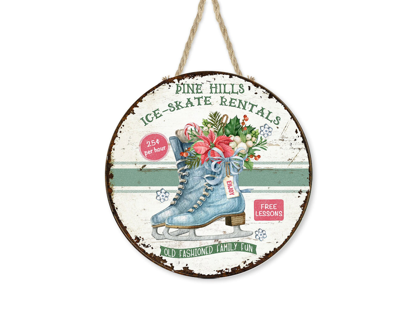 New Release Pine Hills Ice Skating Christmas Round Printed Handmade Wood Sign Farmhouse Door Hanger Wreath Sign