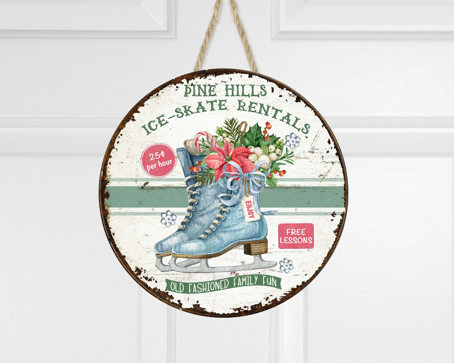 New Release Pine Hills Ice Skating Christmas Round Printed Handmade Wood Sign Farmhouse Door Hanger Wreath Sign