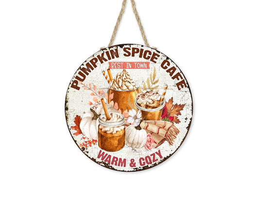 New Release Pumpkin Spice Cafe Fall Round Printed Handmade Wood Sign Farmhouse Door Hanger Wreath Sign