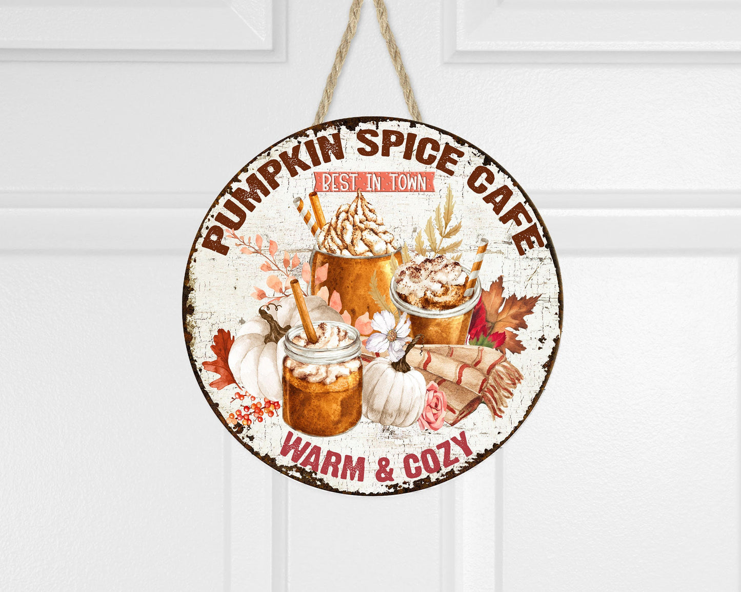 New Release Pumpkin Spice Cafe Fall Round Printed Handmade Wood Sign Farmhouse Door Hanger Wreath Sign