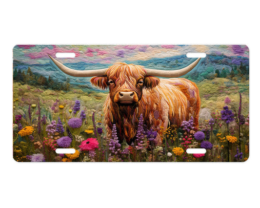 New Release Highland Cow in Wildflowers  Printed Aluminum Front License Plate, Car Accessory, Vanity Plate, Cute Car Tag