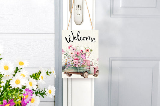 New Release Wall Decor, Welcome Sign,  Welcome Pink Flower Truck Farmhouse Decor Printed Handmade Wood Sign Door Hanger Sign