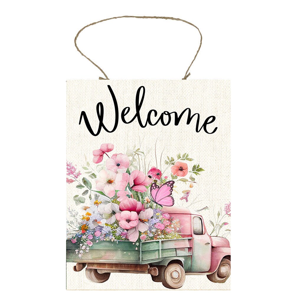 New Release Wall Decor, Welcome Sign,  Welcome Pink Flower Truck Farmhouse Decor Printed Handmade Wood Sign Door Hanger Sign