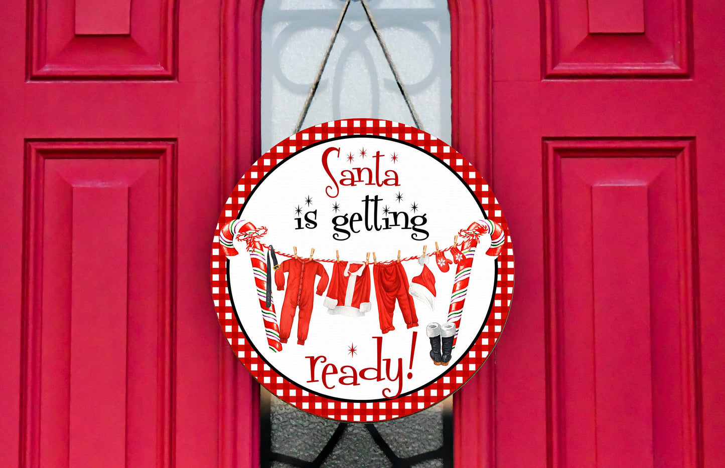 New Release Santa Getting Ready Laundry Christmas Round Printed Handmade Wood Sign Farmhouse Door Hanger Wreath Sign, Christmas Decoration