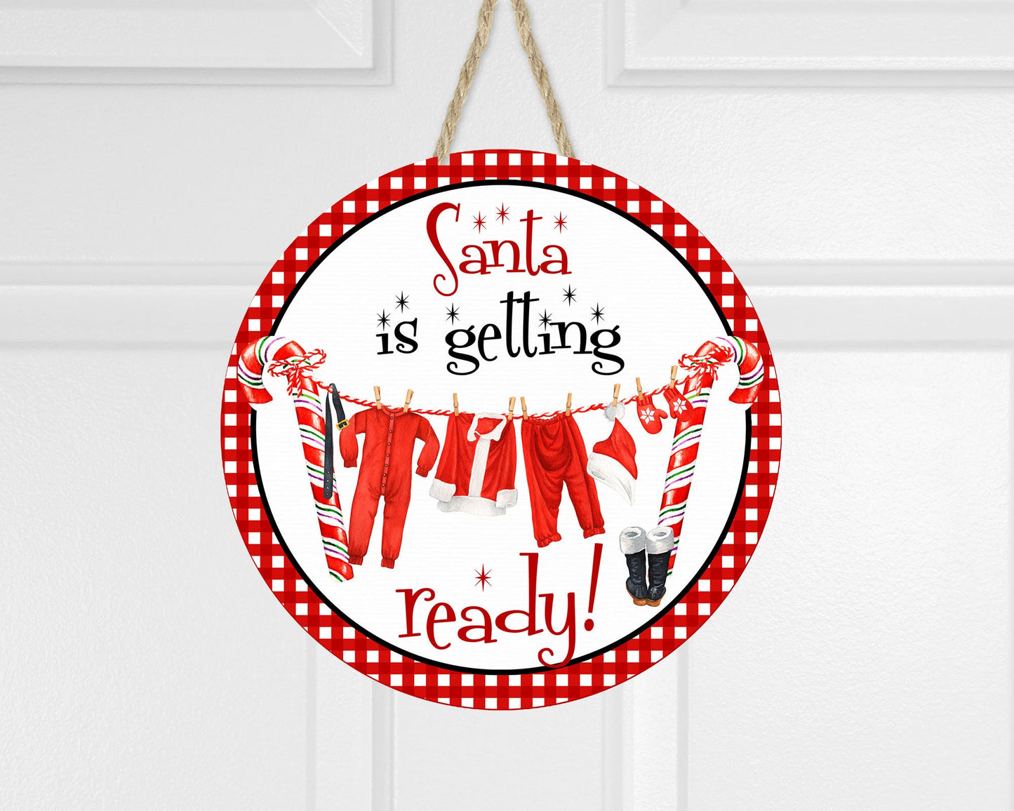 New Release Santa Getting Ready Laundry Christmas Round Printed Handmade Wood Sign Farmhouse Door Hanger Wreath Sign, Christmas Decoration