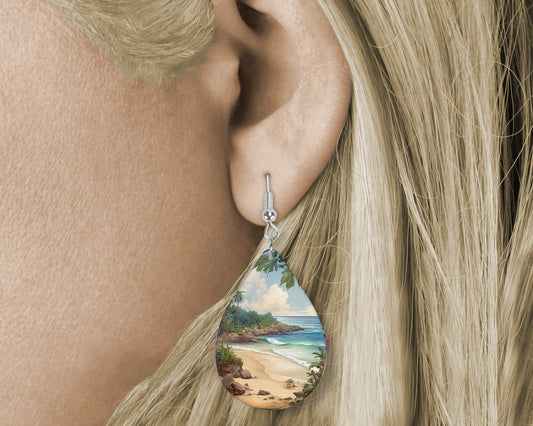 New Release Coastal Earrings, Beach Coastline Tear Drop Dangle Printed Earrings Jewelry Handmade