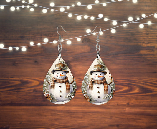 New Release Snowman Earrings, Winter Forest Snowman Tear Drop Dangle Printed Earrings Jewelry Handmade