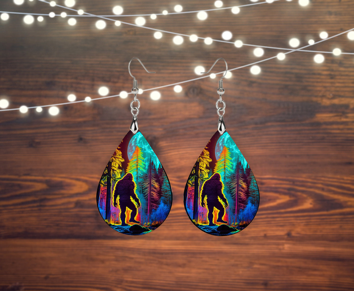 New Releases Full Moon Bigfoot Earrings Print Tear Drop Wood Dangle Earrings Hypoallergenic Jewelry