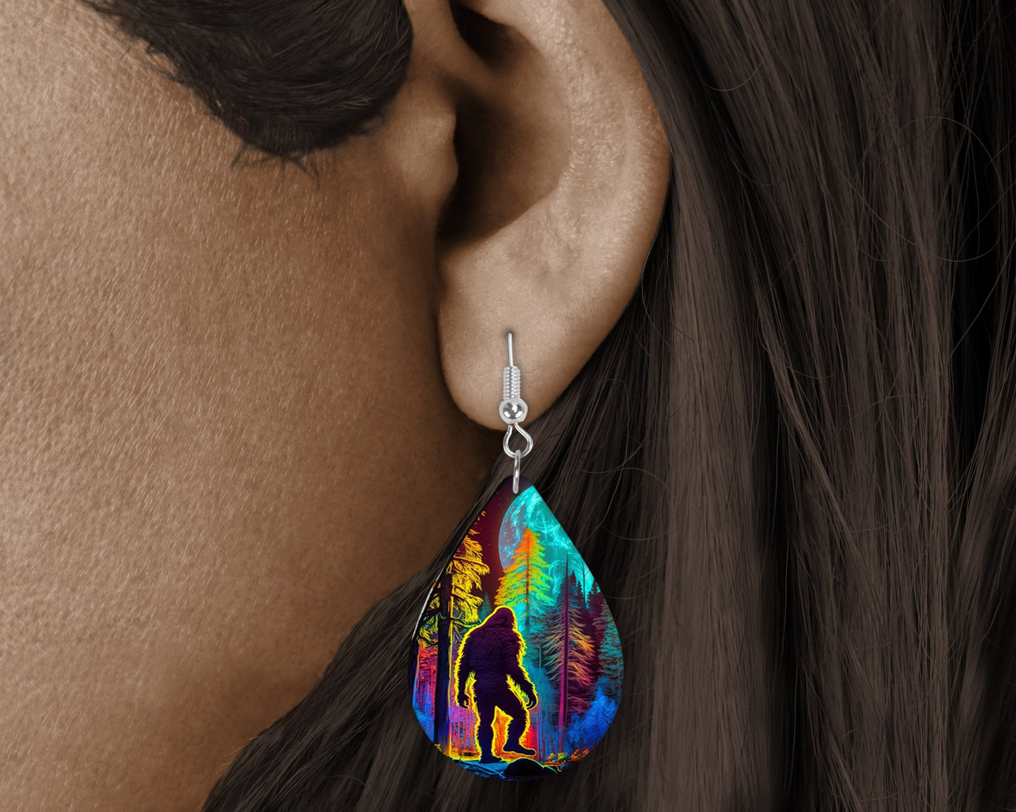 New Releases Full Moon Bigfoot Earrings Print Tear Drop Wood Dangle Earrings Hypoallergenic Jewelry