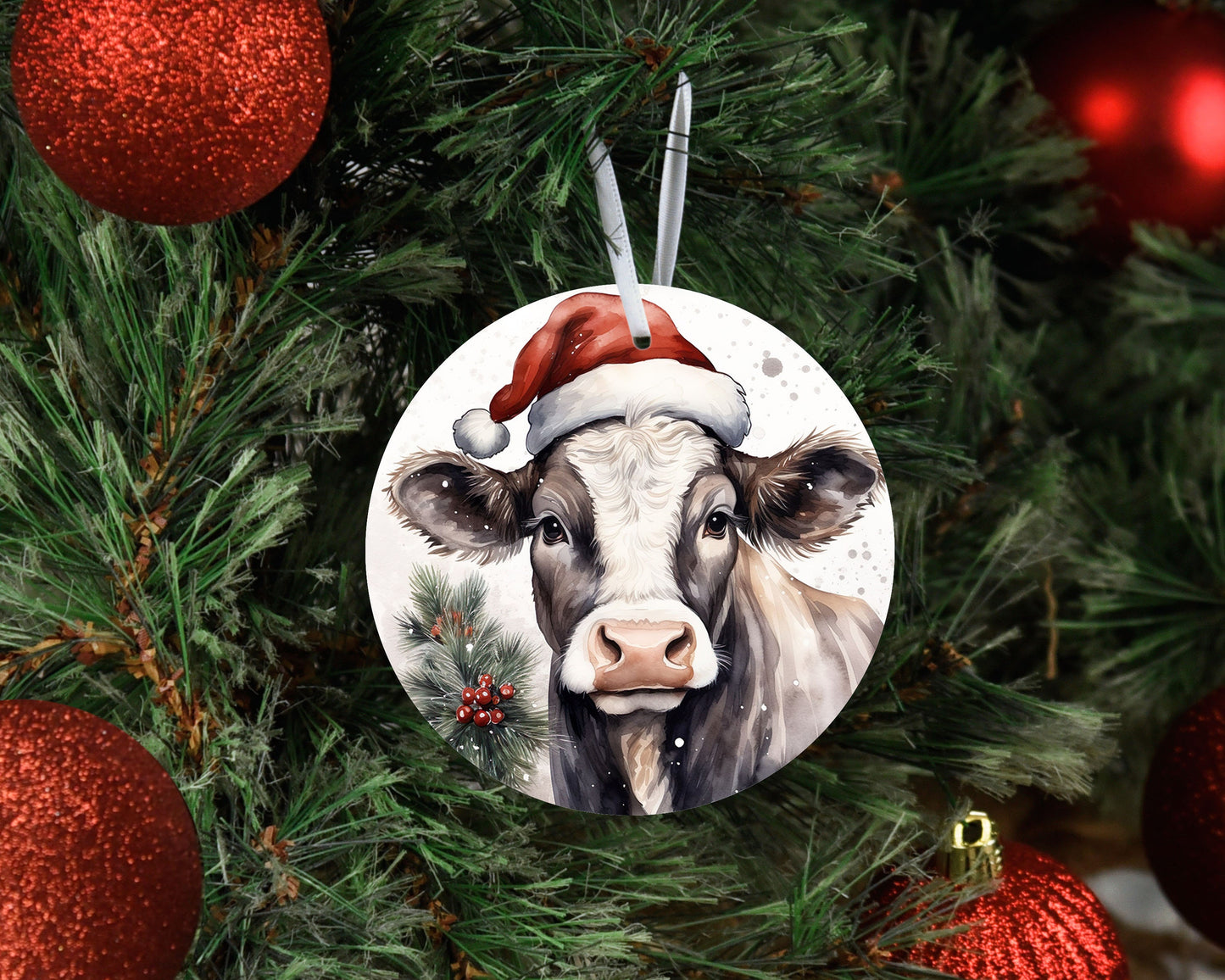 New Release Christmas Ornament, Black and White Cow in Santa Hat Ceramic Christmas Ornament