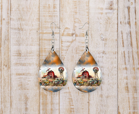 New Release Country Farmhouse Tear Drop Dangle Printed Earrings Jewelry Handmade