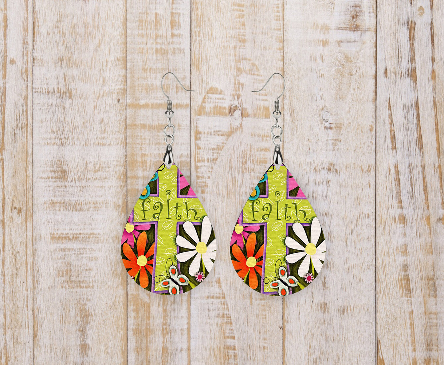 New Release Faith Cross Tear Drop Dangle Printed Earrings Jewelry Handmade