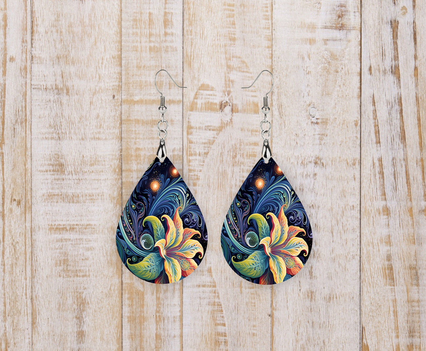 New Releases Delilah Lotus Flower Print Tear Drop Wood Dangle Earrings Hypoallergenic Jewelry