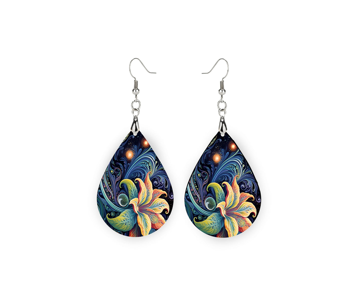 New Releases Delilah Lotus Flower Print Tear Drop Wood Dangle Earrings Hypoallergenic Jewelry