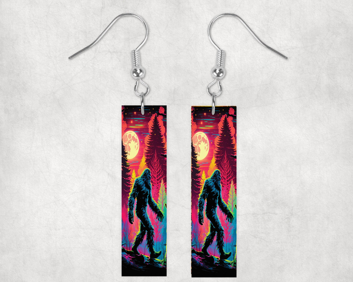 New Release Neon Forest Bigfoot Printed Wood Dangle Earrings Hypoallergenic Jewelry Handmade