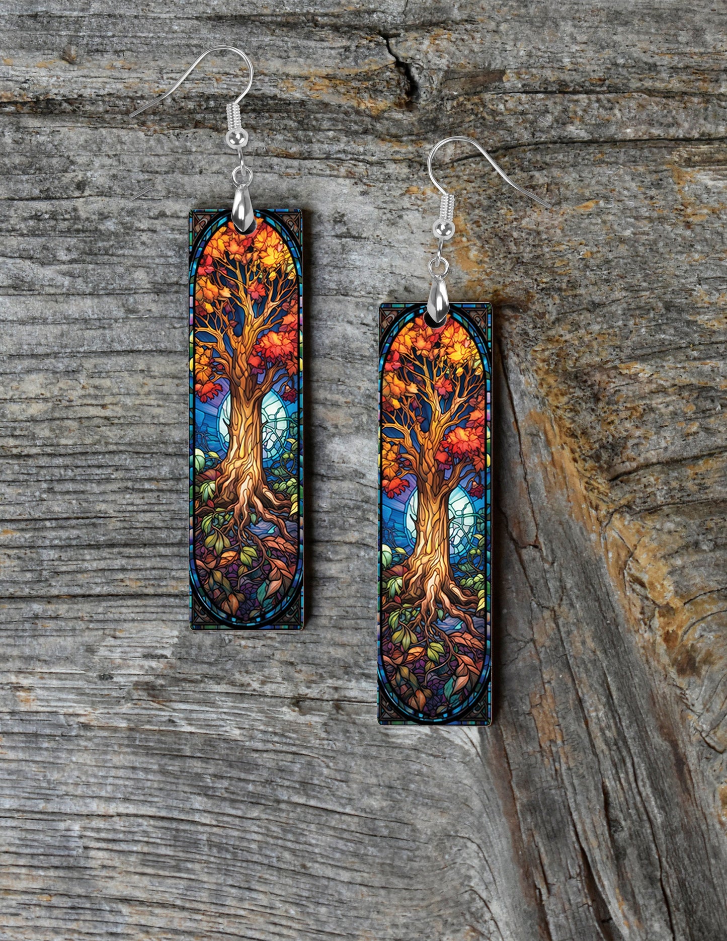 New Release Earrings, Fall Stain Glass Look Tree Dangle Printed Earrings Jewelry Handmade