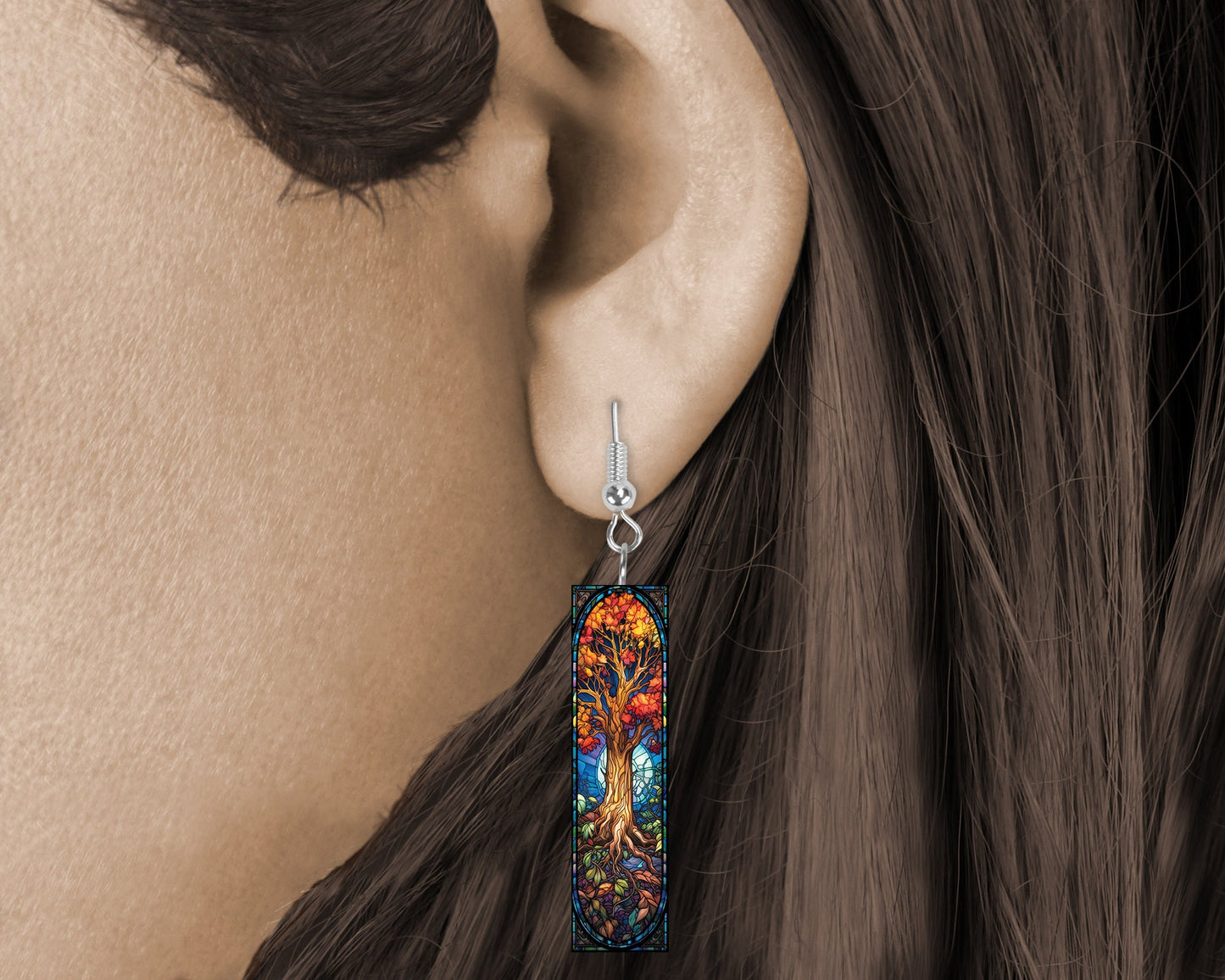 New Release Earrings, Fall Stain Glass Look Tree Dangle Printed Earrings Jewelry Handmade