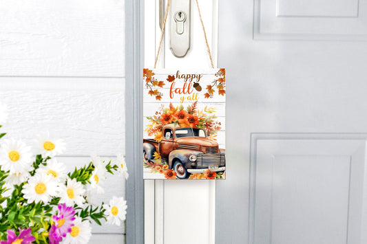 New Release Fall Decor, Fall Sign, Happy Fall Y'all Truck Farmhouse Decor Printed Handmade Wood Sign Door Hanger Sign