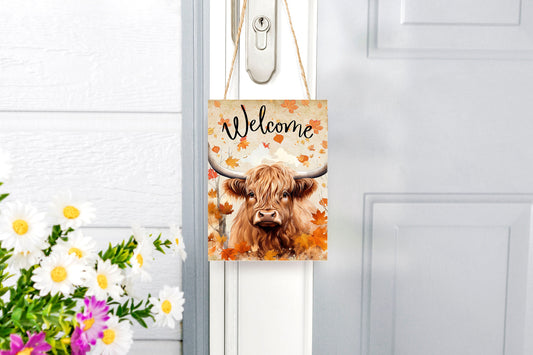New Release Fall Decor, Fall Sign, Highland Cow Fall Welcome Farmhouse Decor Printed Handmade Wood Sign Door Hanger Sign