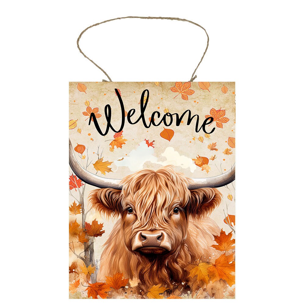 New Release Fall Decor, Fall Sign, Highland Cow Fall Welcome Farmhouse Decor Printed Handmade Wood Sign Door Hanger Sign