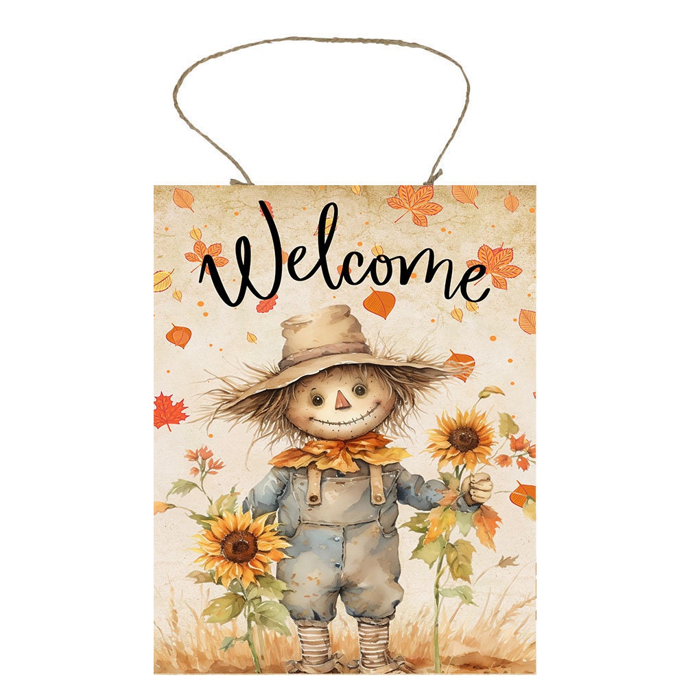 New Release Fall Decor, Fall Sign, Welcome Fall Scarecrow Farmhouse Decor Printed Handmade Wood Sign Door Hanger Sign