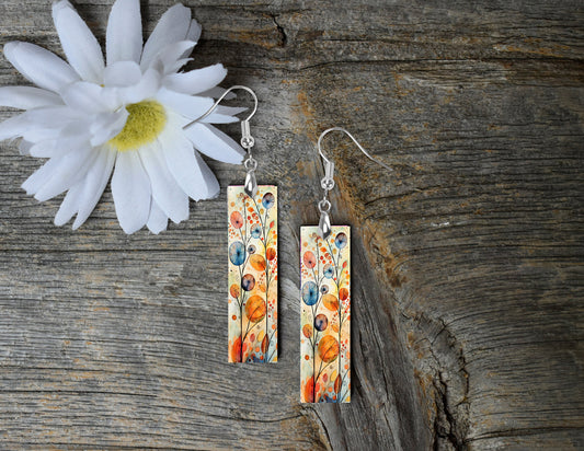 New Release Earrings, Abstract Fall Foliage Bar Dangle Printed Earrings Jewelry Handmade