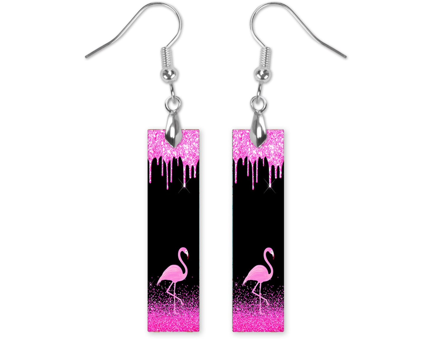 New Release Earrings, Pink Flamingo Glitter Drip Bar Dangle Printed Earrings Jewelry Handmade