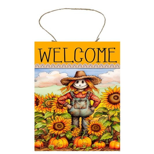 New Release Fall Decor, Fall Sign, Sunflower Fields Scarecrow Welcome Farmhouse Decor Printed Handmade Wood Sign Door Hanger Sign
