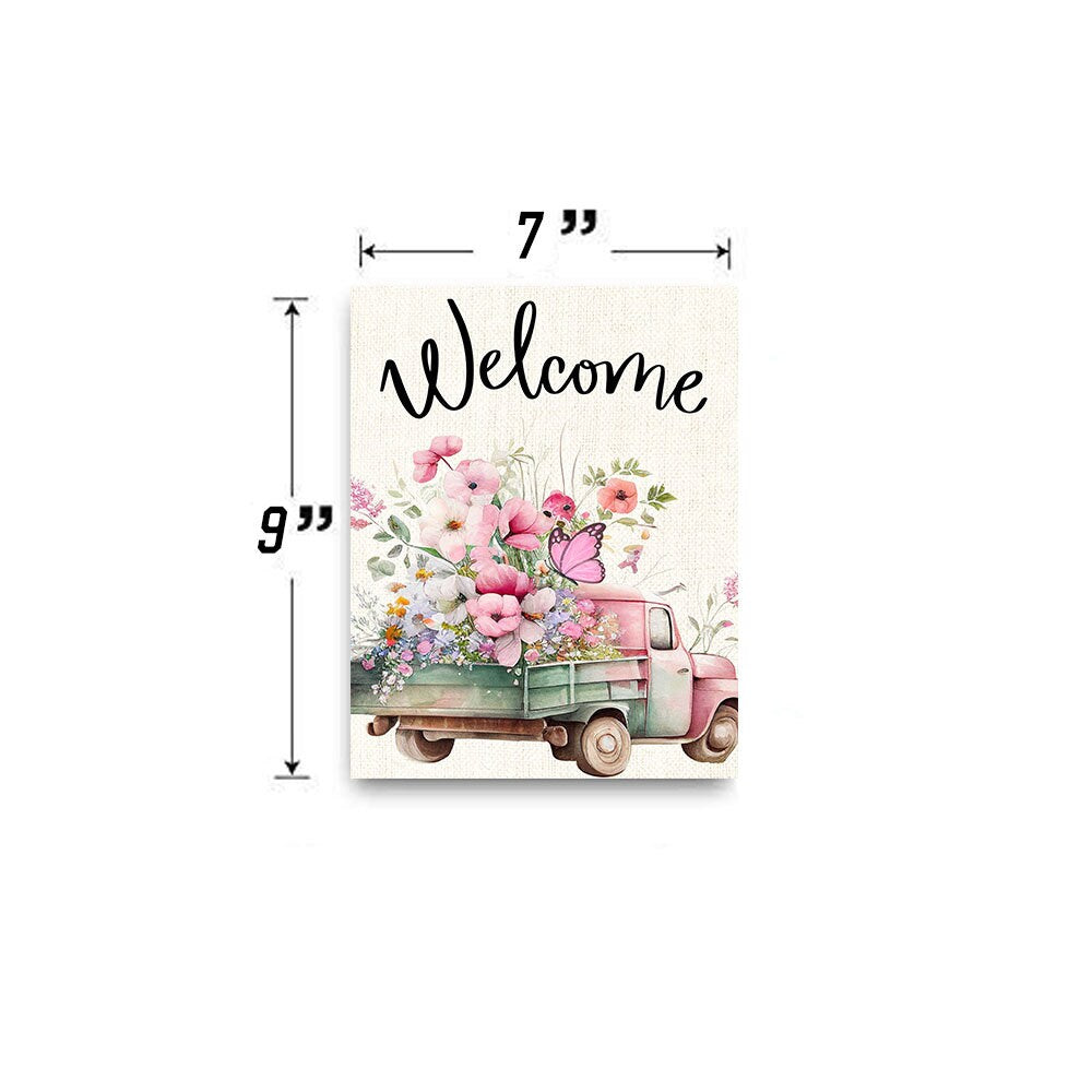 New Release Wall Decor, Welcome Sign,  Welcome Pink Flower Truck Farmhouse Decor Printed Handmade Wood Sign Door Hanger Sign