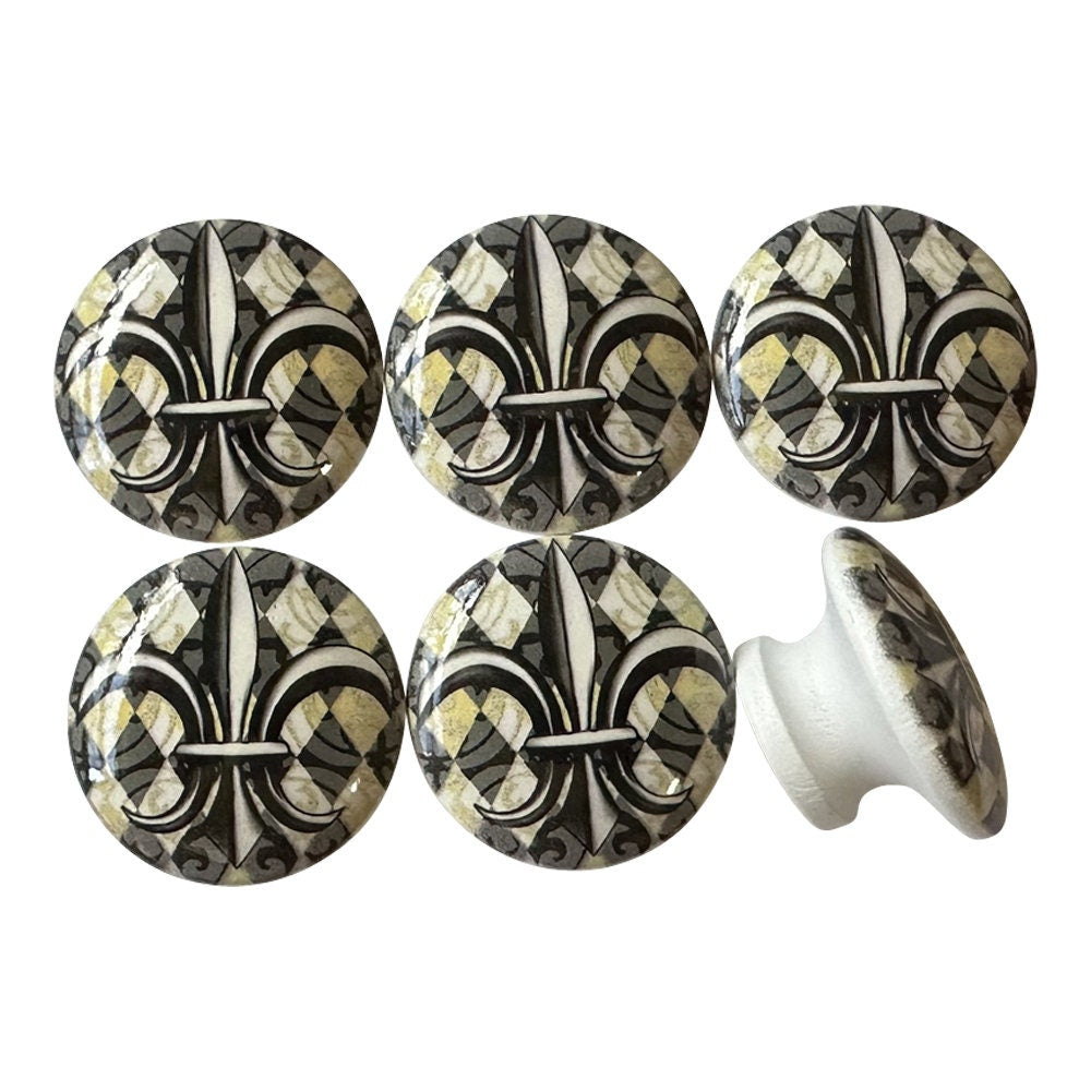 New Release Cabinet Knobs, Set of 6 Silver and Black Fleur de Lis Wood Cabinet Knobs, Cabinet Knobs and Draw Pulls, Kitchen Knobs