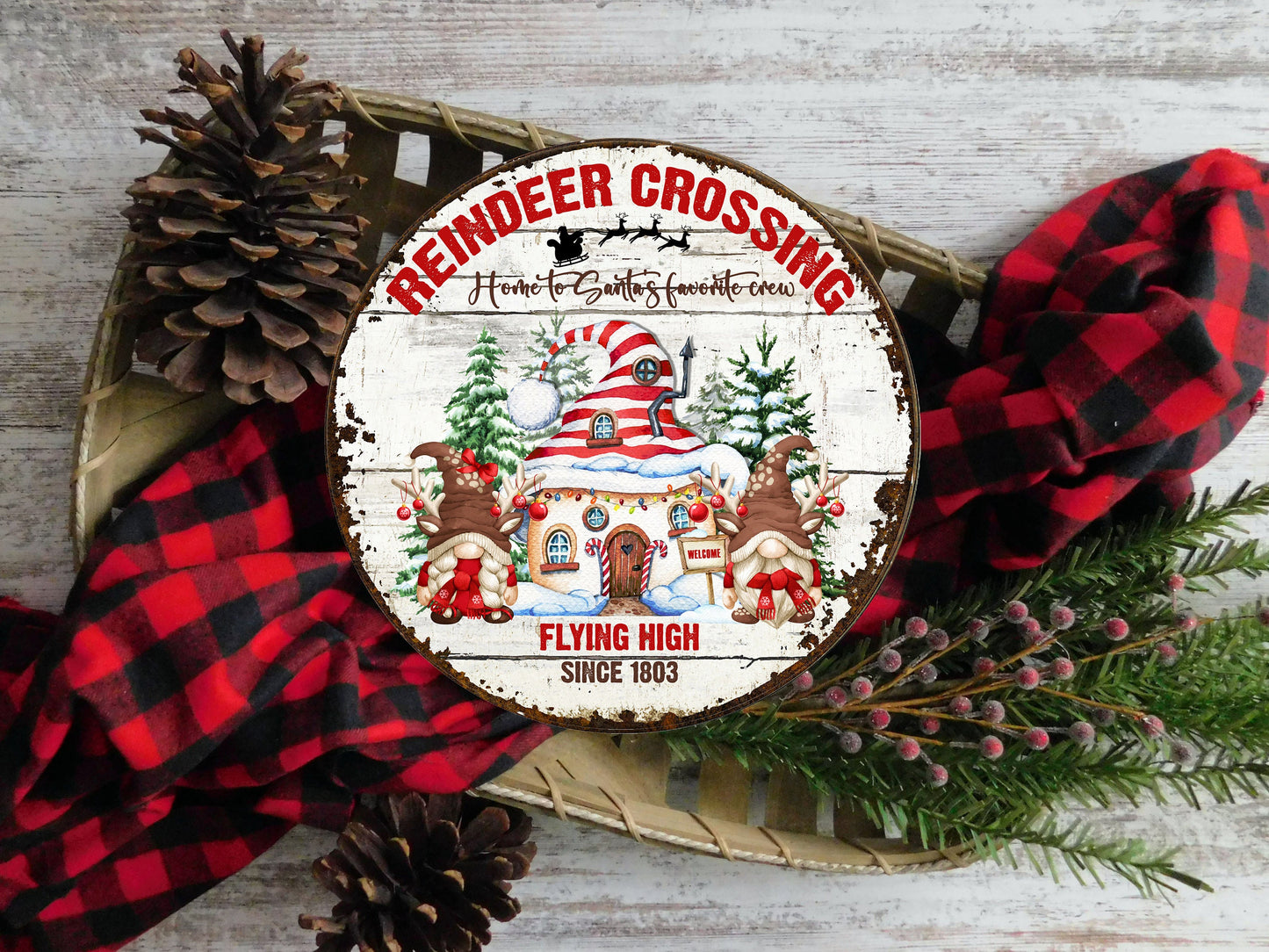 New Release Reindeer Crossing Christmas Round Printed Handmade Wood Sign Farmhouse Door Hanger Wreath Sign