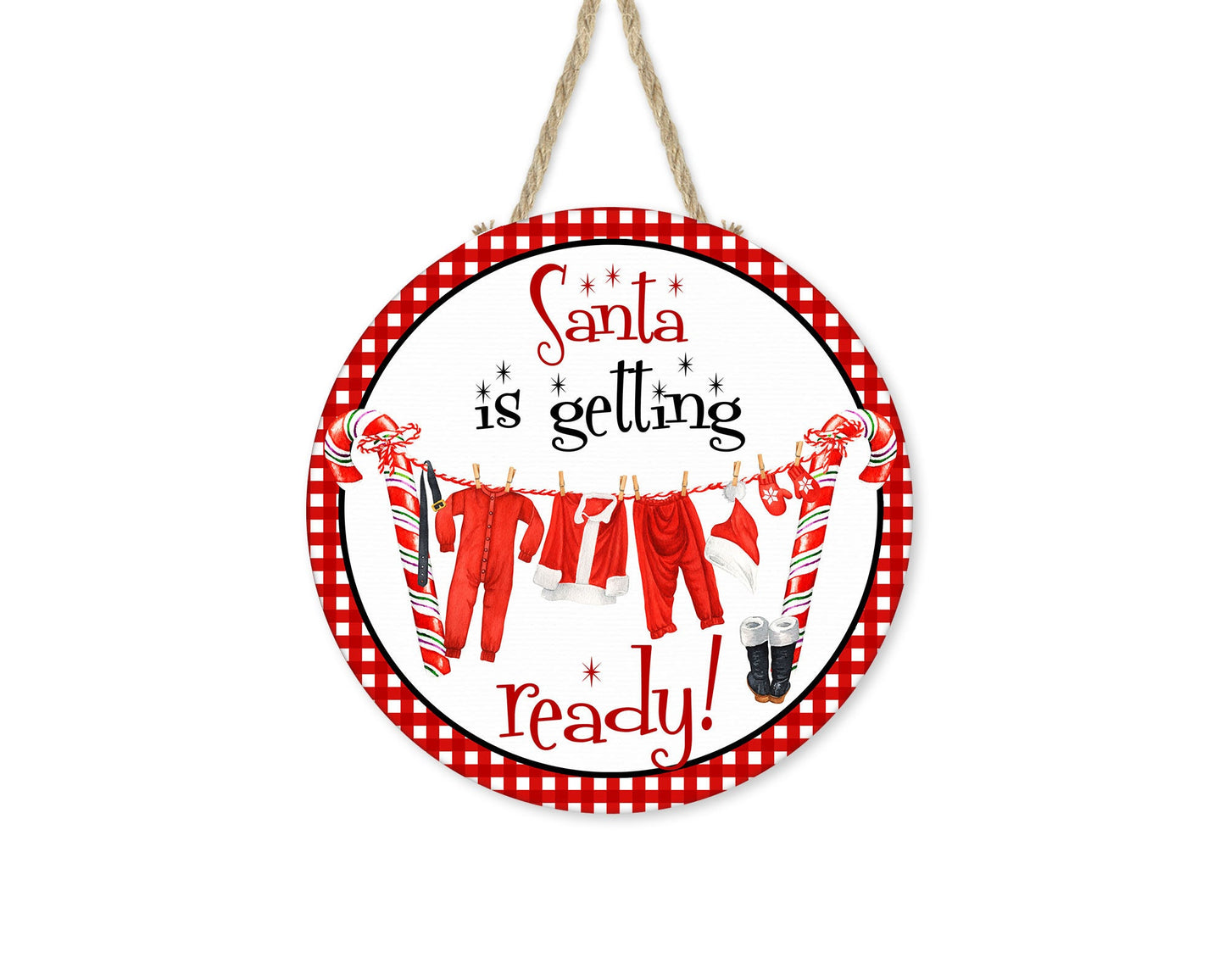 New Release Santa Getting Ready Laundry Christmas Round Printed Handmade Wood Sign Farmhouse Door Hanger Wreath Sign, Christmas Decoration